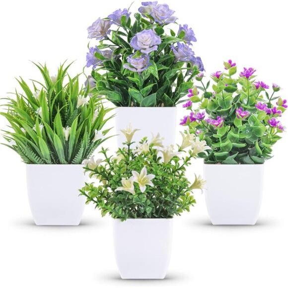 Small Fake Potted Plants Set of 4 Mini Artificial Flowers Indoor Home Decor - Picture 1 of 7
